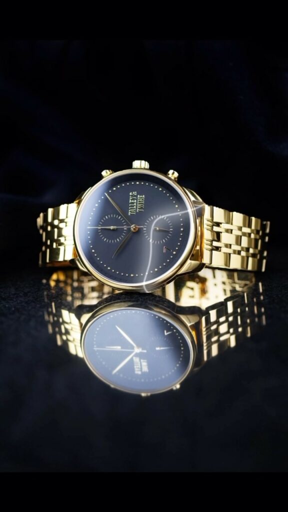 A Talley and Twine gold watch with a blue face on a black background for fathers day gift ideas