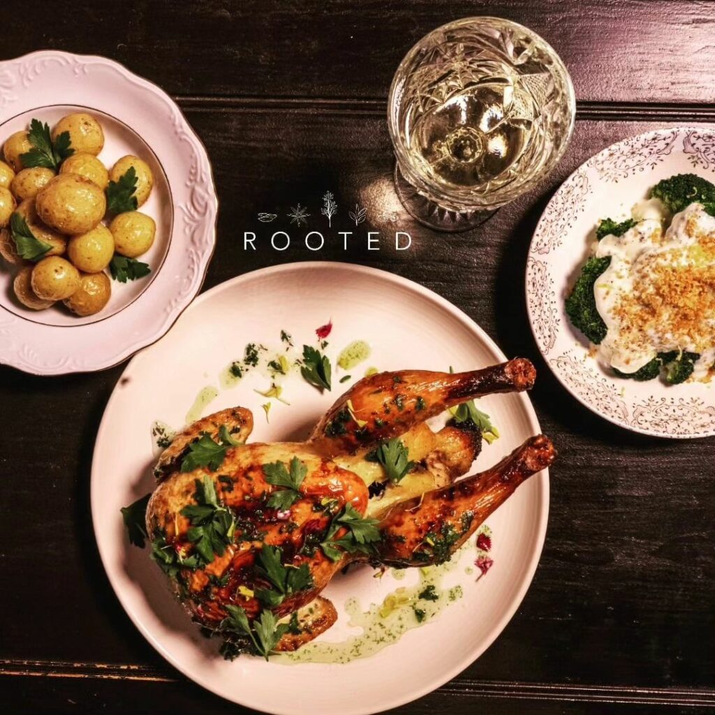 Rotisserie chicken and potatoes from Rooted Rotisserie