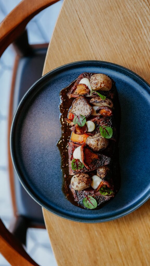 CEDAR RIVER PRIME NY STRIP root vegetables, chanterelles, yams, sorrel, from Fort Oak